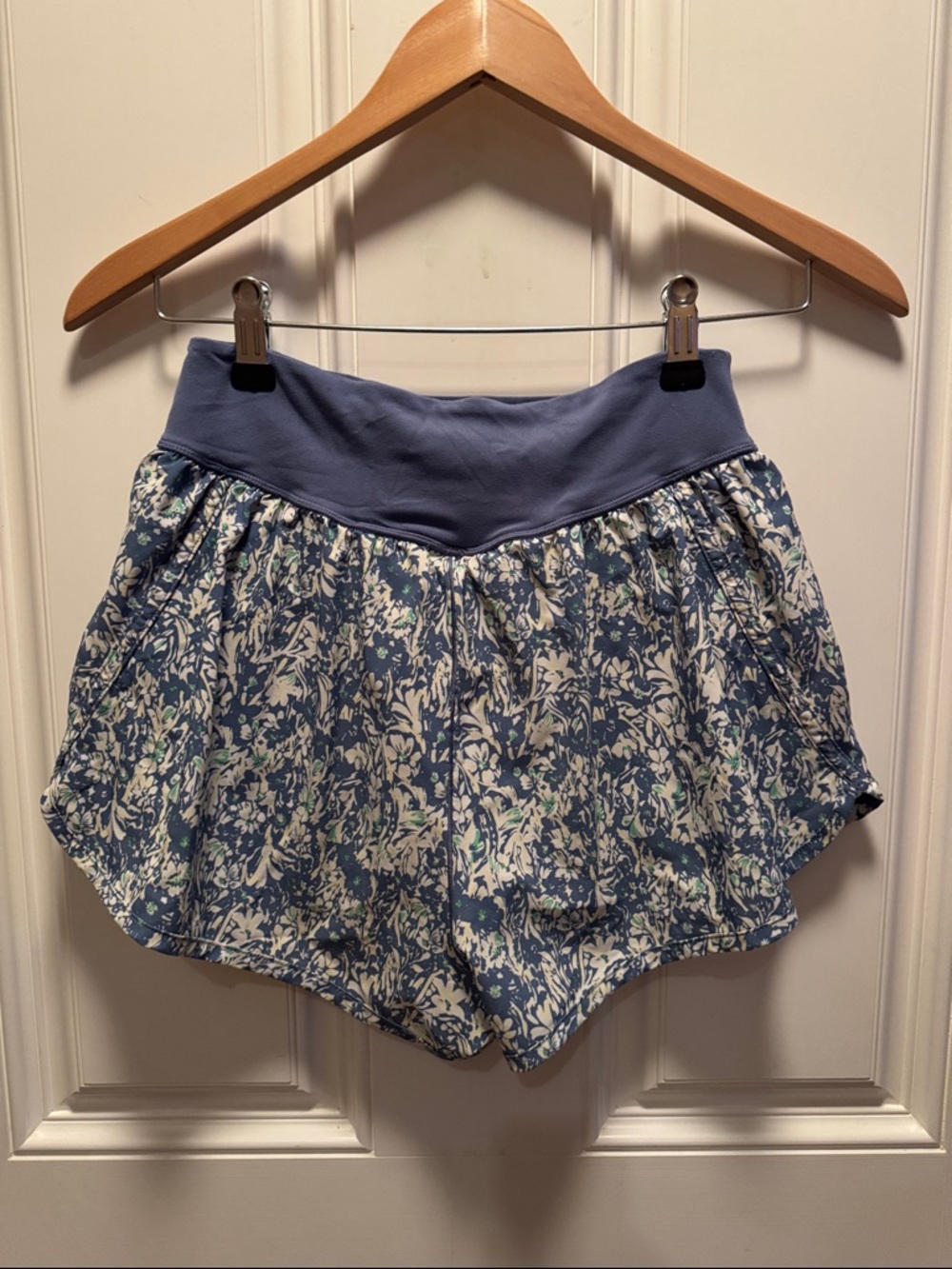 aerie Blue Floral Athletic Shorts with Wide Waistband